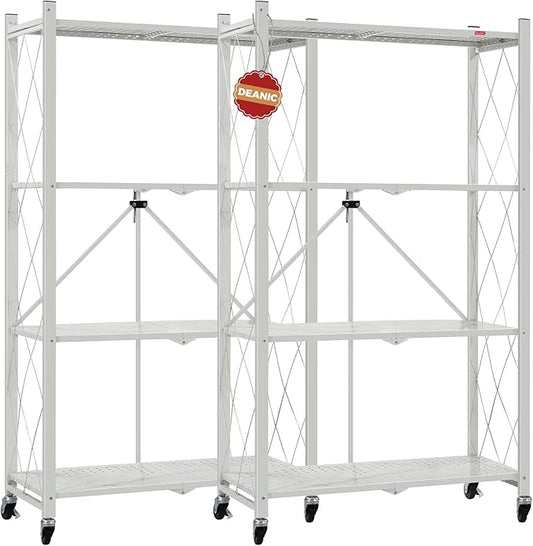 DEANIC 4 Tier Foldable Storage Shelves with Wheels, Large Capacity Shelving Unit, Freestanding Metal Wire Shelf Rack, No Assembly Organizer Rack for Garage Kitchen, Basement, Pantry(Grey Pack of 2)-NeatNest