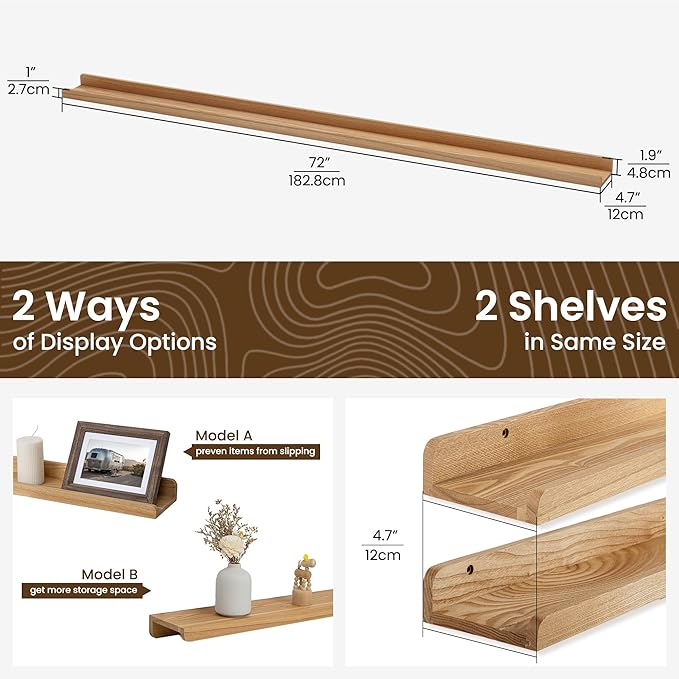 72 Inch Floating Shelves for Wall | Natural Wood Ledge Shelf Set of 2 | Solid Ash Wood Picture Ledge Shelves with Lip | Picture Shelf for Wall with Ledge | Photo Ledge Shelves-NeatNest