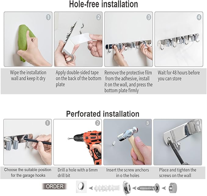 Mop and Broom Hanger Wall Mount, stainless steel Broom Hook Organizer Wall Mounted, Heavy Duty Mop Holder Storage Rack - 3 Racks 4 Hooks for hanging brooms and mops-NeatNest