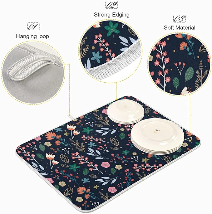 Dish Drying Mat for Kitchen Counter Colorful Flowers Black Absorbent Drying Matt for Dishes Sink Countertop 16'' x 18''