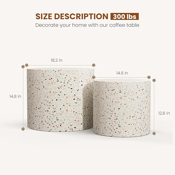 Round Nesting Coffee Table Set of 2 Circle Nested Coffee Tables Modern Terrazzo Coffee Table Set of 2 Wooden Drum End Side Tables for Living Room Bedroom Small Spaces (terrazzo)