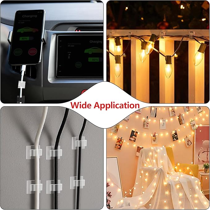 100PCS Cable Clips, Adhesive Wire Clips Organizer Cord Clips Management, Cable Staples Outdoor Strong for Wall, Desk, Christmas Lights, String Lights, Fairy Lights, Clear Glossy, Small-NeatNest