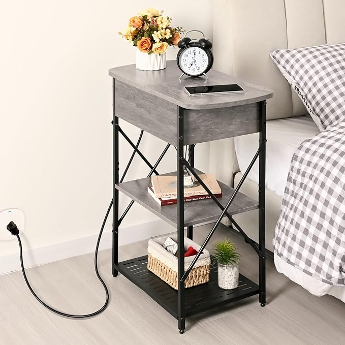 Narrow End Table with Charging Station, Grey Side Table with 3 USB Ports and 2 AC Outlets, Flip Top End Table with Storage, Bedside Table with Drawer, Side Tables Living Room, Bedroom