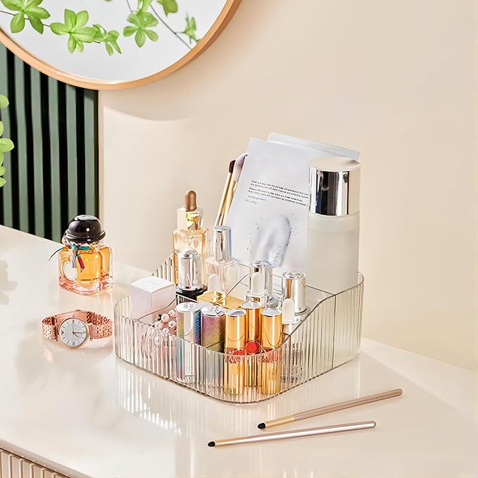 DASITON Large Capacity Makeup Brush Holder,8 Slot Makeup Brush Cup,Vintage striped Make Up Brush Holder,for Vanity Decor,Bathroom Countertops,Desk Storage Container,Cosmetic Display cases(Clear-XL)-NeatNest