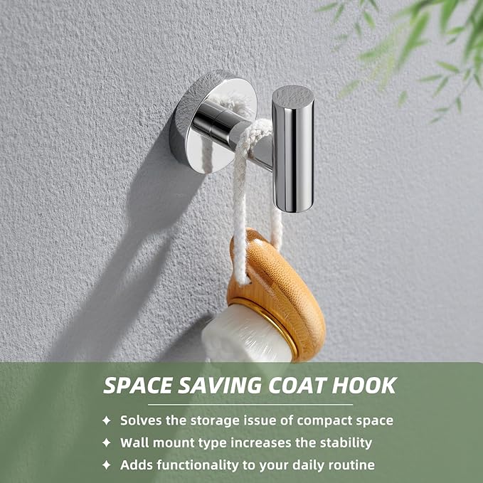 APLusee Polished Chrome Towel Hook, 304 Stainless Steel Heavy Duty Robe Hook, Wall Mounted