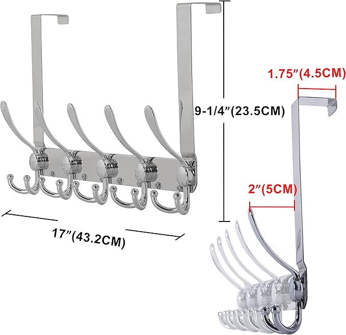 Dseap Over The Door Hook Hanger - 5 Tri Hooks, Heavy Duty Over The Door Towel Rack Coat Rack for Clothes Hat Towel, Chromed, 2 Packs
