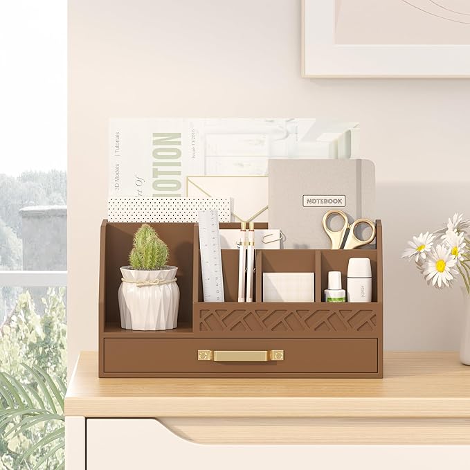 Bamboo Desk Organizer with Drawers, Mail Organizer Countertop Wood Desk Drawer Tabletop Storage Organization Pen Holder Letter Sorter Makeup Organizer for School Home Office (Brown)-NeatNest