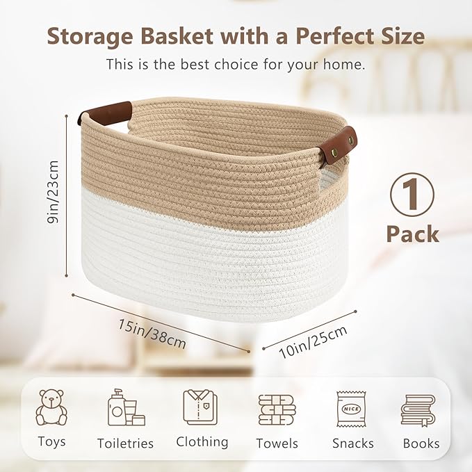 Cotton Rope Storage Baskets, 15x10x9 in, Rectangular, White/Beige-1Pack, Modern, Durable, Easy To Use, Foldable, Laundry, Storage, Decoration-NeatNest
