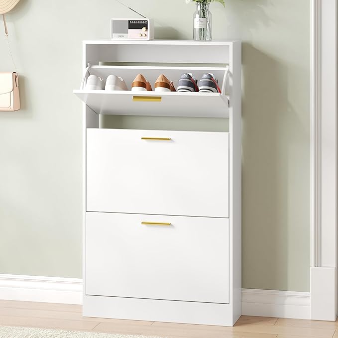 Shoe Cabinet Storage for Entryway, Shoe Cabinet with 3 Flip Drawers, White Modern Shoe Organizer Wood, Freestanding Small Thin Shoe Racks with Doors, White-NeatNest