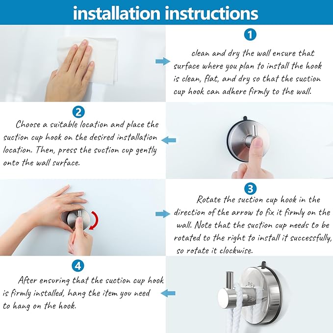 DGYB Suction Cup Hooks - 15LB Shower Hooks for Inside Shower, Stainless Steel No Drill Wall Hook Set of 2 Chrome Towel Hook for Bathrooms, Loofah, Robe-NeatNest