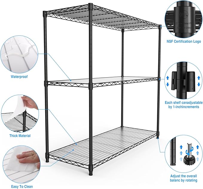 3 Tier NSF Wire Shelf Shelving Unit, 18 x 48 x 48 Inch 1050lbs Capacity Heavy Duty Adjustable Storage Metal Rack with Leveling Feet & Shelf Liners, Ideal for Garage, Kitchen, Office and More - Black