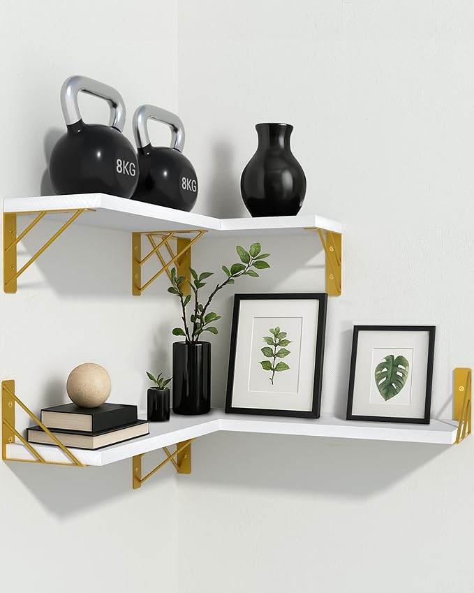 BAYKA Wall Shelves for Bedroom Decor, Floating Wall Shelves for Living Room Kitchen Storage, Wall Mounted Rustic Wood Shelves for Kids Books, Corner Shelf for Bathroom(White and Gold,Set of 4)-NeatNest