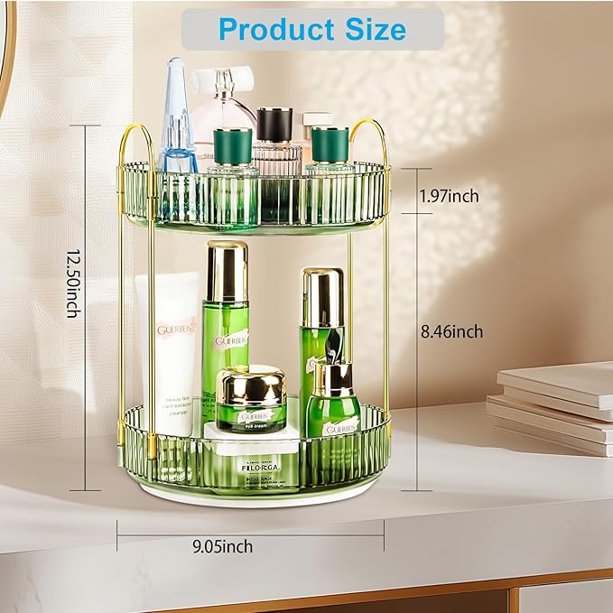 360 Rotating Makeup Organizer - Large Capacity Spinning Perfume & Cosmetic Skincare Holder for Vanity & Countertop (Gem Green, 2 Tier)-NeatNest