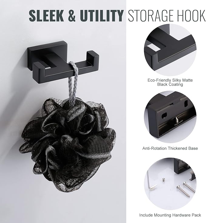 Double Bathroom Towel Hook for Wall Mounted - Matte Black Modern Towel Holder - Heavy Duty Coat Robe Hooks for Wall - Stainless Steel Shower Towel Hanger