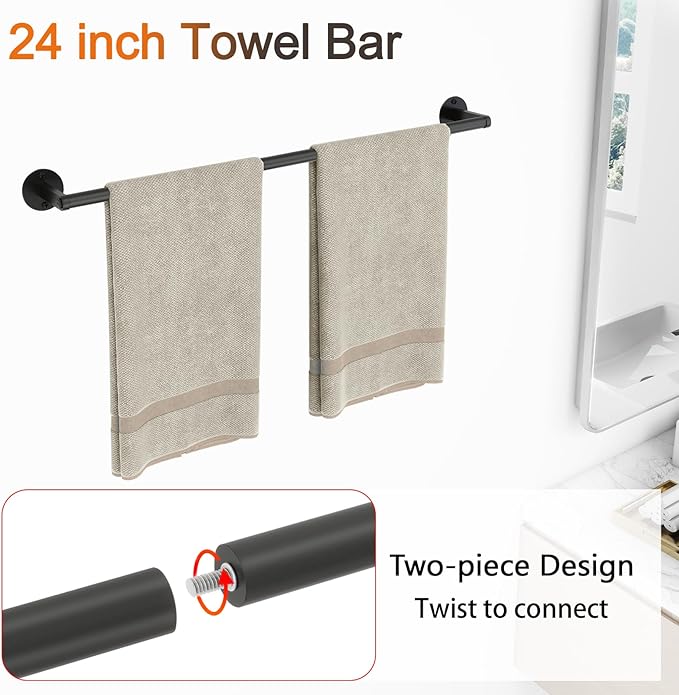 Matte Black Bathroom Hardware Set, VOTZAAQ 24-Inch Towel Bar, Towel Racks for Bathroom, Robe Towel Hanger Hooks, Toilet Paper Holder, Bathroom Accessories Set, 4-Pieces