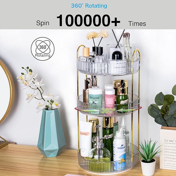 360 Rotating Makeup Organizer for Vanity, Large Capacity Spinning Perfume Organizer, Bathroom Organizer, Cosmetic Skincare Holder Organizer for Countertop (Pearl White, 3 Tier)-NeatNest
