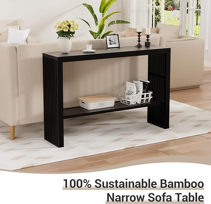 Bamboo Wood Console Table 47.2" Entryway Table, 2-Tier Farmhouse Narrow Sofa Table w/Storage Shelf, Couch Table Behind Sofa Easy Assembly for Entrance, Hallway, Living Room, Foyer(Black)-NeatNest