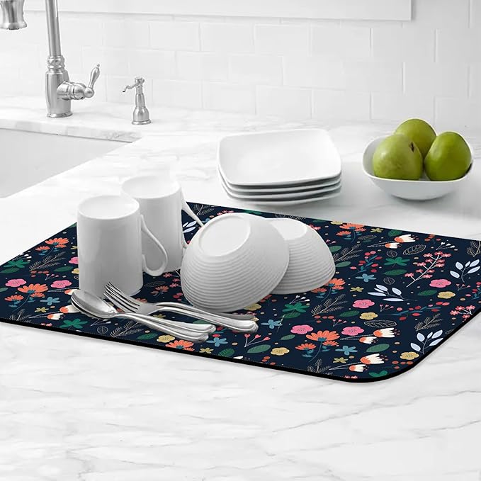 Cute Flower Dish Drying Mats Super Absorbent Dish Drainer Rack Pad Non-Slip Drying Mat for Kitchen Counter, 24"x16"-NeatNest