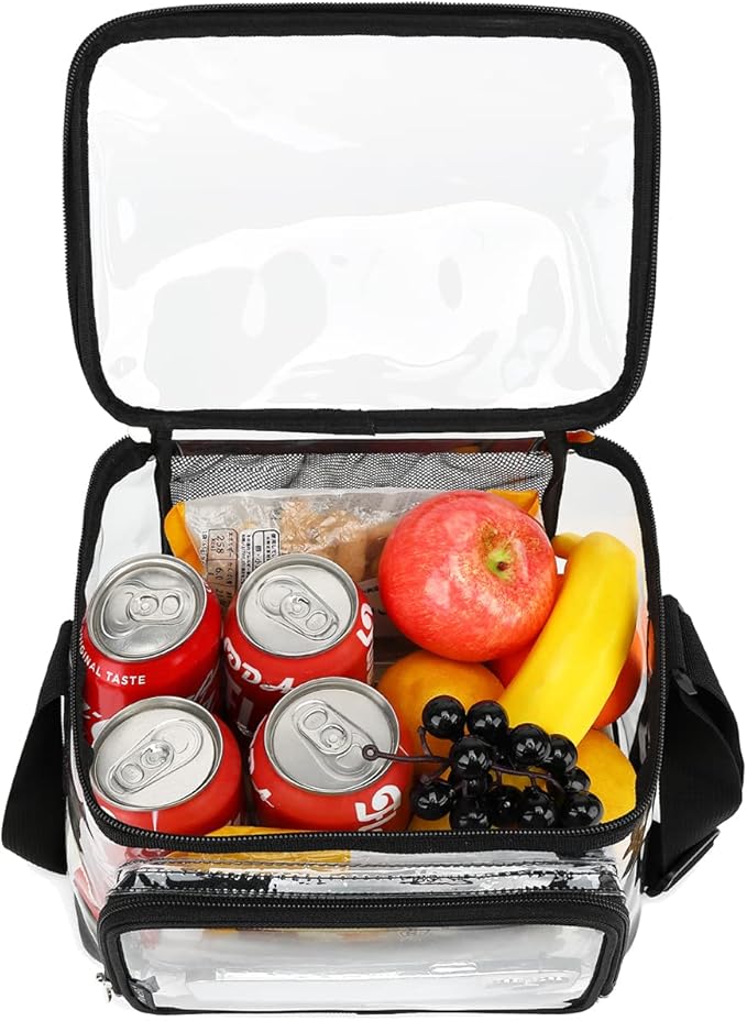 FlowFly Insulated Reusable Lunch Bag Adult Large Lunch Box for Women and Men with Adjustable Shoulder Strap,Front Zipper Pocket and Dual Large Mesh Side Pockets, Clear-NeatNest
