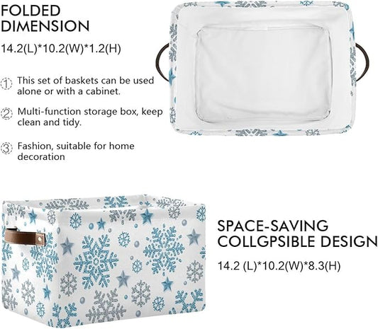 Bolaz Christmas Snowflake Storage Basket,Blue White Snowflakes Large Storage Bin Fabric Collapsible Organizer Bag with Handles 15x11x9.5 inch-NeatNest
