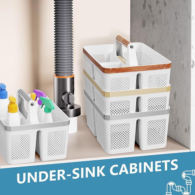 2Pack Shower Caddy Dorm: Portable Bathroom Caddy Organizer with Handle and Holes, Plastic Cleaning Caddy, Hard Shower Basket Storage Tote for Toiletry, College Dorm Room Essentials White/Silver