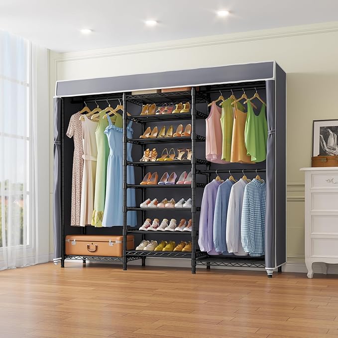 VIPEK S3C Heavy Duty Portable Closet with Adjustable Shoe Rack Wire Shelf, Large Wardrobe Organizer for Bedroom Storage, Freestanding Clothes Rack with Hanging Rod, Custom Black Rack with Grey Cover-NeatNest
