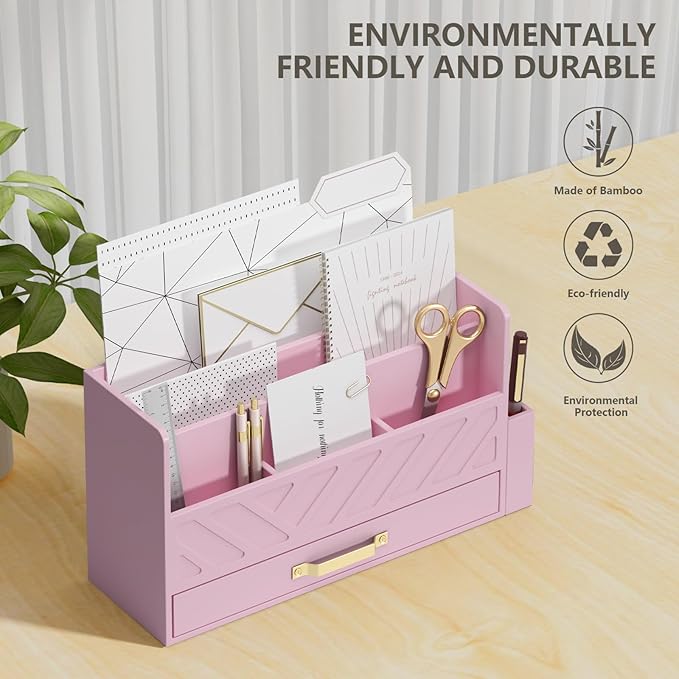 Bamboo Desk Organizer Mail Holder Countertop Wood Desk Drawer Tabletop Storage Box Pen Holder Letter Sorter Makeup Organizer for School Home Office Supplies with Pen Holder Pink-NeatNest