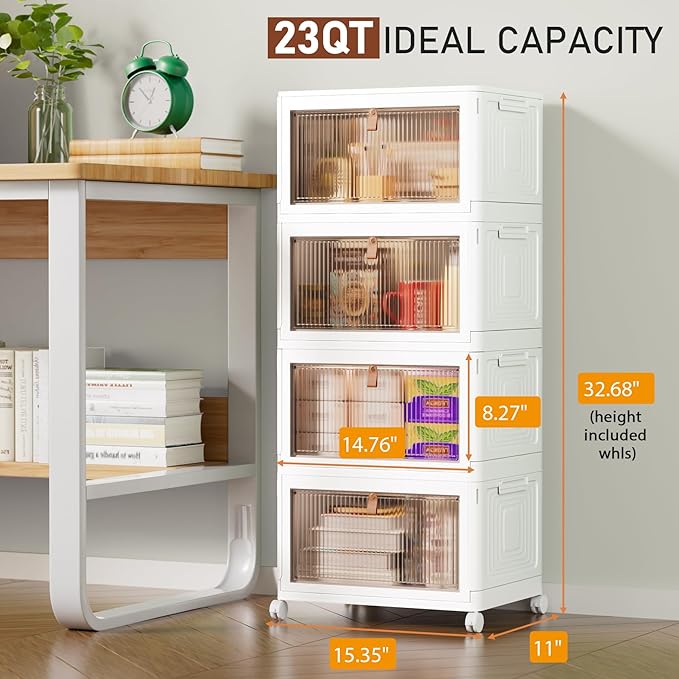 4 Tier Storage Bins with Lids, 23QT Stackable Closet Organizers and Storage with Wheels, Collapsible Storage Boxes, Foldable Plastic Storage Containers for Home,Office, Dorm Room-NeatNest