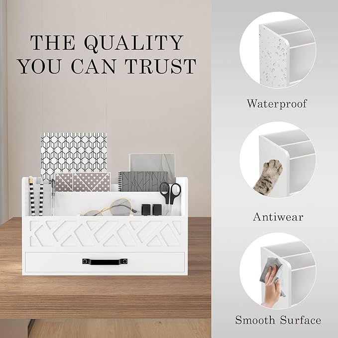 Bamboo Mail Organizer Countertop Wood Desk Organizer Drawer Tabletop Storage Box Letter Sorter Makeup Organizer for School Home Office Supplies White-NeatNest