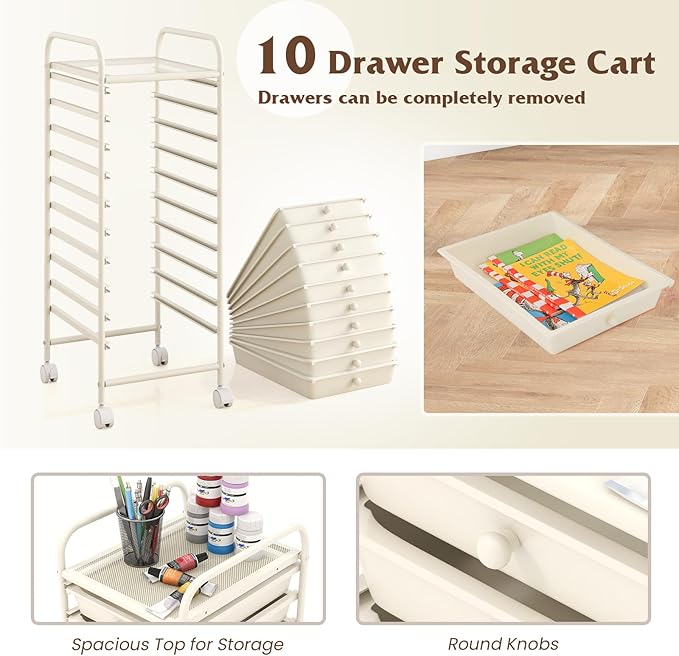 Giantex 10-Drawer Storage Cart w/Universal Wheel, Rolling Cart w/Handle, Home Organizer Storage Unit w/Removable Drawers, Trolley Utility Cart for Kitchen Makeup Living Room Office Play Room, Ivory
