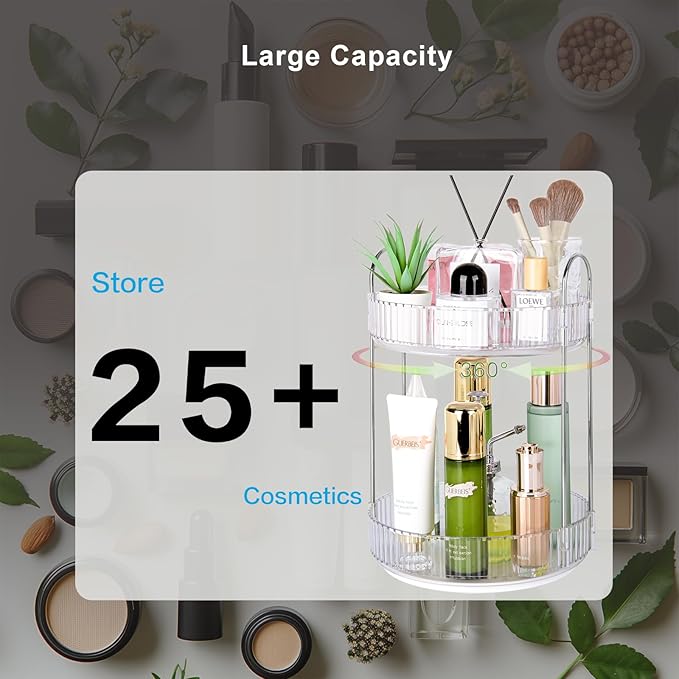 360 Rotating Makeup Organizer, 2 Tier Lazy Susan Bathroom Organizer, Easy to Install, Ideal Storage for Perfume, Skincare, Cosmetic, Dresser or Vanity Countertop (Silver Clear, 2 Tier)-NeatNest
