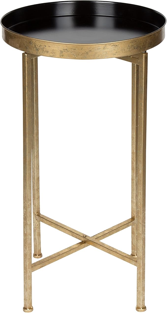 Kate and Laurel Celia Round Metal Foldable Tray Accent Table, Black with Gold Base