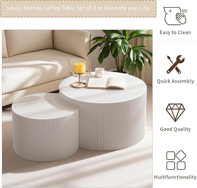 Modern Round Wooden Nesting Coffee Table Set of 2 Circle Tables with Non-Slip Feet, Accent Side End Table, Saving Space Design and No Need Assembly (GLARGE)