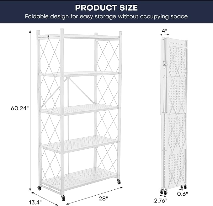 5-Tier Foldable Storage Shelf with Wheels – Heavy Duty Metal Collapsible Rolling Cart for, Closet, Office & Garage Storage Shelves Organization, No-Assembly Storage Shelf– White Metal Shelf