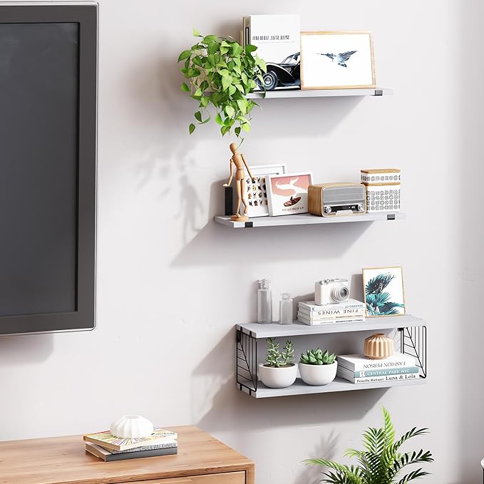 Fixwal 3+1 Tier Bathroom Floating Shelves Over Toilet, 15.8in Farmhouse Rustic Wood Shelves, Wall Decor for Bathroom, Living Room,Bedroom and Kitchen (Gray)-NeatNest