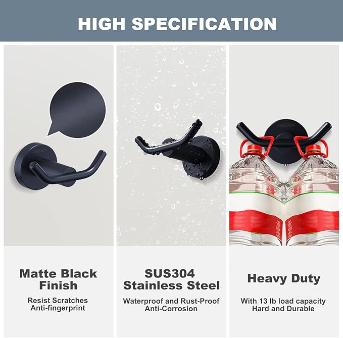 ARCORA Black Towel Hooks, SUS 304 Stainless Steel Wall Hooks, Heavy Duty Robe Hooks 1 Pack, Towel Hooks for Bathroom Wall Mounted