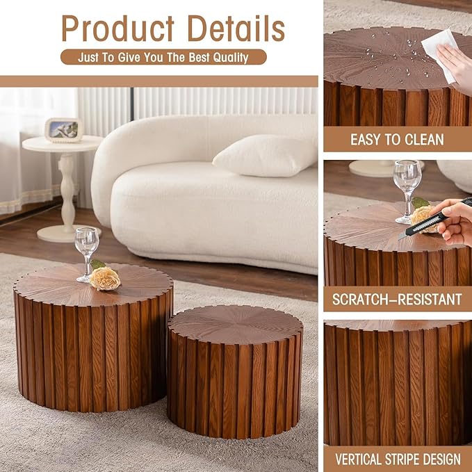 Round Coffee Table Set of 2, Nesting Coffee Table and End Table Set Small Circle Drum Side Table for Living Room Office, No Assembly (C Walnut Small)