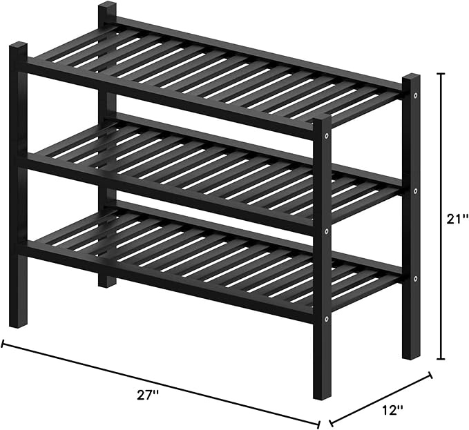 3 Tier (Thick) Bamboo Shoe Rack for Entryway, Small Wood Shoe Shelf Storage Organizer for Closet, Shoe Stand for Hallway, Stackable and Sturdy 27"x12"x21" Black-NeatNest