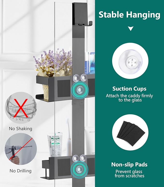Over The Door Shower Caddy 2 Tier, 304 Stainless Steel Hanging Shower Caddy Rustproof Shower Shelves, No Drilling Hanging Shower Organizer for Bathroom Glass Door, Black