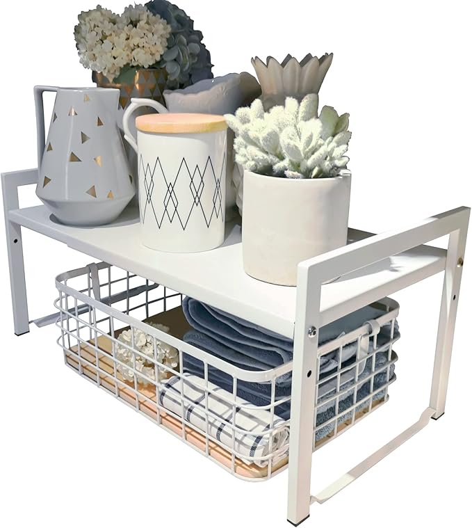 Expandable Cabinet Shelf Organizer 16-26" L Stackable Kitchen Counter Shelf Rack Stand Sink Riser Countertop Storage White (Wide 10.6”D)-NeatNest