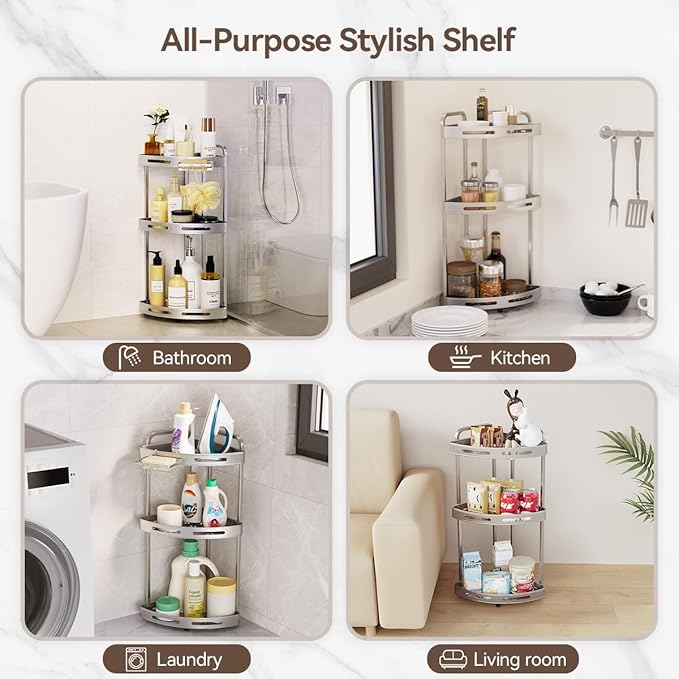 Corner Shower Caddy Standing, 3 Tier Shower Organizer Stand with Soap Holder, Rustproof Shower Shelves for Bathroom Storage, Silver