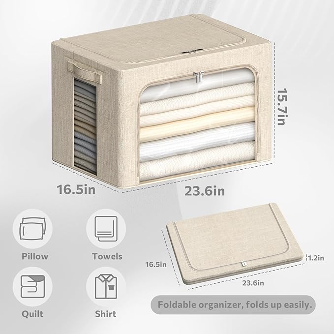 4 Pack Clothes Storage Bins with Metal Frame - Linen Fabric Foldable Stackable Container Organizer Set with Clear Window & Carry Handles & Zippers (Beige, 23.6"x16.5"x15.7")-NeatNest