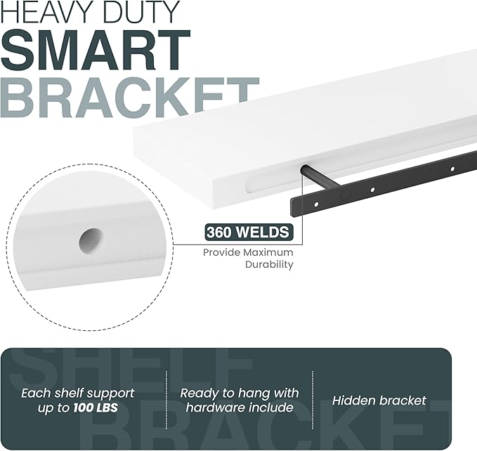 BATODA Set of 2 17" White Floating Shelves Wall Mounted for Bathroom – Wooden Decorative Wall Bookshelf - Storage Shelf Organizer for Home, Bedroom, Kitchen - Black Bracket, Shelving Mounting Included-NeatNest