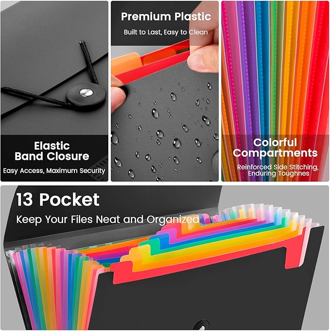 3 Pack Accordion File Organizer with Elastic Closure, 13 Pocket Expanding File Folder for Letter Size A4 Papers, Ideal for Home, Office Supplies, College Essentials