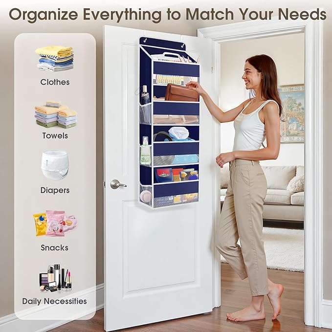 1 Pack Over The Door Organizer, Hanging Storage Organizer with Clear Window, 40lb Ultra Sturdy Large Capacity Room Organizer for Pantry Laundry Bathroom Nursery Closet (Blue)-NeatNest