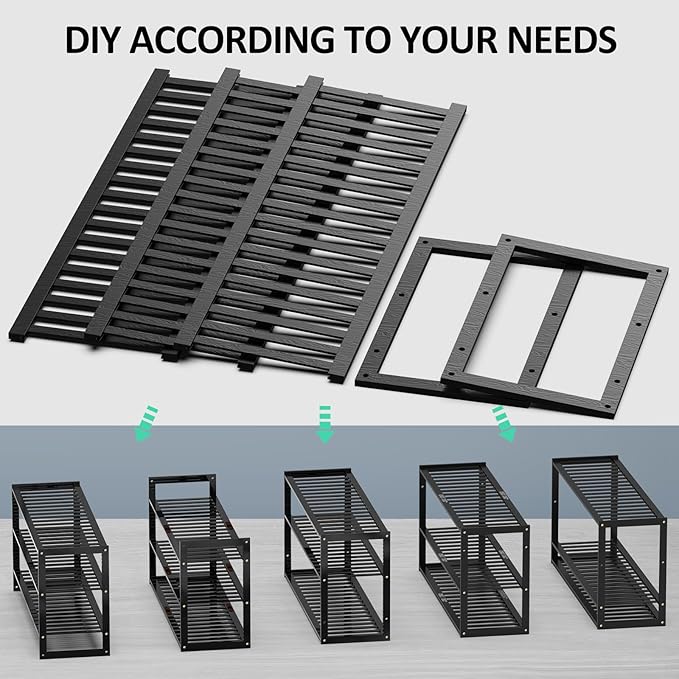 Bamboo Shoe Rack for Closet, Stackable 3 Tier Longer Shoe Organizer Shelf Holder Storage 12-15 Pairs for Entryway Door Hallway Bedroom Garage Space Saving Foldable Black-NeatNest