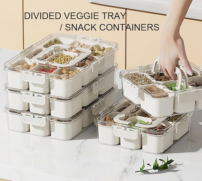 Divided Veggie Tray with Lid and Handle 9 Compartment Serving Tray with Dividers Portable Travel Snack Containers Stackable Snackle Box Charcuterie Container for Fruit,Vegetable,Salad (9 Containers)-NeatNest