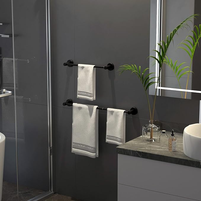 Adjustable Matte Black Bath Towel Bars 16 to 27.6 Inch, iMomwee 304 Stainless Steel Single Towel Rack, Wall Mounted Towel Rail Holder for Bathroom Washroom, Retractable Towel Rod with S Hooks