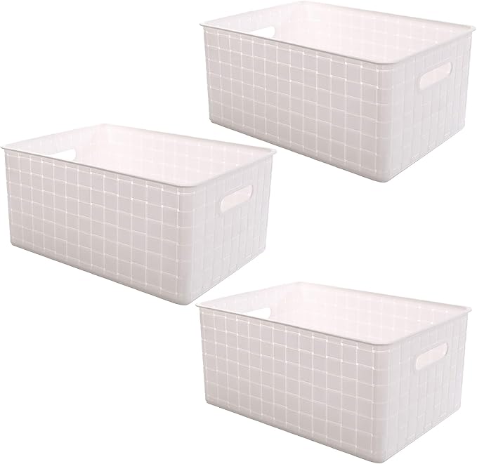 BINO | Plastic Basket, Large - White | 3 Pack | THE STABLE COLLECTION | Multi-Use Storage Basket | Rectangular Cabinet Organizer | Baskets for Organizing with Handles | Home & Office Storage Organizer-NeatNest