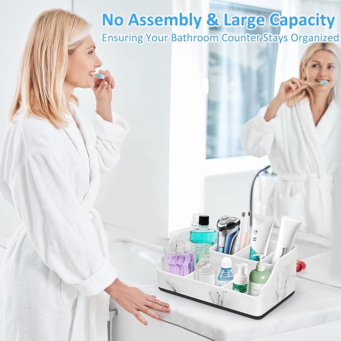Marble Toothbrush Holder for Bathroom Organizer Countertop, Toothbrush Organizer with Qtip Holder Dispenser, White Toothbrush and Toothpaste Holder for Bathroom Counter Organization Storage Vanity